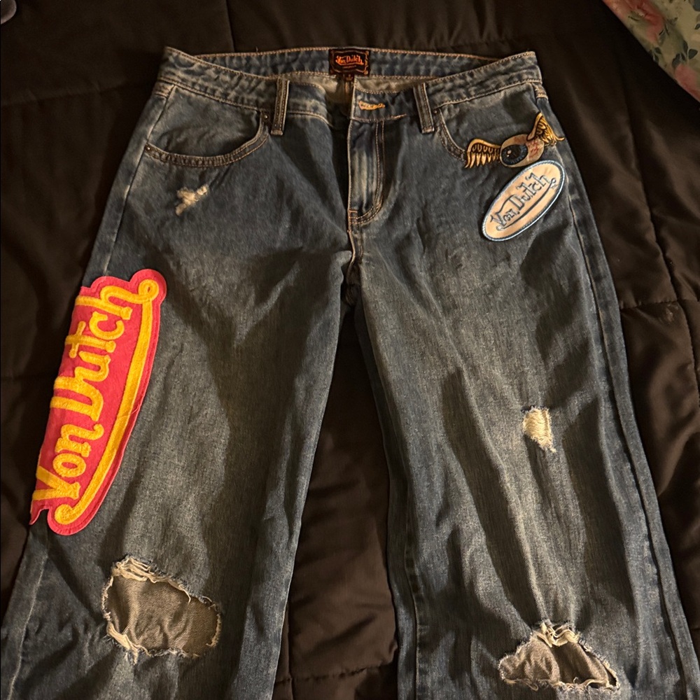 Von Dutch Blue Jeans with Colorful Patches